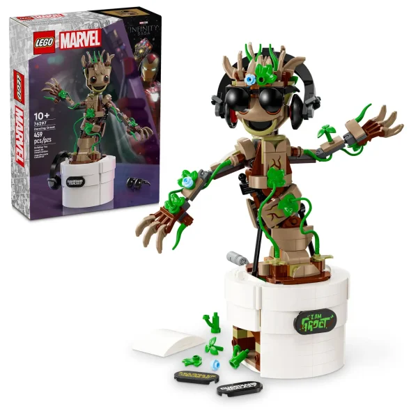 LEGO® Marvel Dancing Groot (76297) is a buildable Guardians of the Galaxy toy with an interactive dancing function. It makes a great gift for kids aged 10 and up who are fans of the Marvel character Groot, Super Heroes and buildable LEGO toys. This Groot building toy for kids has a movable head and posable arms. When kids turn the handle at the back of the flower pot, the jointed Groot starts dancing. The figure can be customized with additional leaves, buildable headphones and sunglasses, and kids can personalize Groot’s pot by adding 1 of 3 different nameplates to the front (including one related to the TV show I am Groot). All of these accessories can be stored in the pot’s built-in compartment. To make building the model even more fun, the LEGO Builder app lets kids zoom in, rotate models in 3D and track progress as they go. Buildable Groot animated toy for kids – Dancing Groot is an interactive gift for boys and girls aged 10 and up Dancing Super Hero – The playset includes a buildable Groot in a flower pot, 3 different nameplates to attach to the pot, and accessories including headphones, sunglasses and extra leaves Interactive dancing Groot – When kids turn a handle at the rear of the buildable toy, the jointed Groot model gets funky Super Hero playset – Groot’s head turns, his arms are posable, and the pot includes a built-in storage compartment for all the accessories Guardians of the Galaxy gift – Treat fans of Marvel’s Groot, Super Heroes and buildable LEGO® toys to this interactive playset 3D building instructions – Kids can download the LEGO® Builder app for an immersive building experience, with digital tools to zoom in and rotate models in 3D, save sets and track progress More LEGO® Marvel playsets – The extensive range of LEGO Marvel building toys puts an ever-changing universe of imaginative Super Hero adventures into kids’ hands 459-piece building set – The fully assembled model stands over 8.5 in. (22 cm) tall