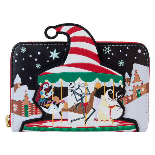 Up and down and ‘round we go! Jack and Sally take Christmas Town for a spin on this whimsical zip around wallet. A festive addition to any outing, this accessory is sure to inspire holiday spirit wherever you go. Features: Vegan leather (polyurethane) Zippered closure Shiny gold hardware 4 slots for holding cards Die-cut ID window Applique, embossed, and printed details Coordinating inside lining Dimensions: 6”W x 4”H This wallet is an officially licensed Disney product.