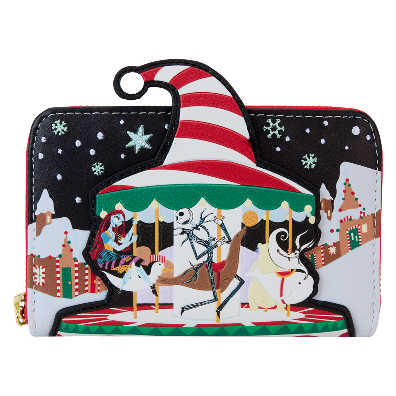 Up and down and ‘round we go! Jack and Sally take Christmas Town for a spin on this whimsical zip around wallet. A festive addition to any outing, this accessory is sure to inspire holiday spirit wherever you go. Features: Vegan leather (polyurethane) Zippered closure Shiny gold hardware 4 slots for holding cards Die-cut ID window Applique, embossed, and printed details Coordinating inside lining Dimensions: 6”W x 4”H This wallet is an officially licensed Disney product.