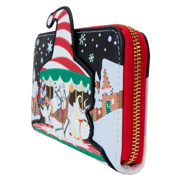 Up and down and ‘round we go! Jack and Sally take Christmas Town for a spin on this whimsical zip around wallet. A festive addition to any outing, this accessory is sure to inspire holiday spirit wherever you go. Features: Vegan leather (polyurethane) Zippered closure Shiny gold hardware 4 slots for holding cards Die-cut ID window Applique, embossed, and printed details Coordinating inside lining Dimensions: 6”W x 4”H This wallet is an officially licensed Disney product.