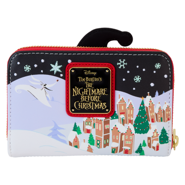 Up and down and ‘round we go! Jack and Sally take Christmas Town for a spin on this whimsical zip around wallet. A festive addition to any outing, this accessory is sure to inspire holiday spirit wherever you go. Features: Vegan leather (polyurethane) Zippered closure Shiny gold hardware 4 slots for holding cards Die-cut ID window Applique, embossed, and printed details Coordinating inside lining Dimensions: 6”W x 4”H This wallet is an officially licensed Disney product.