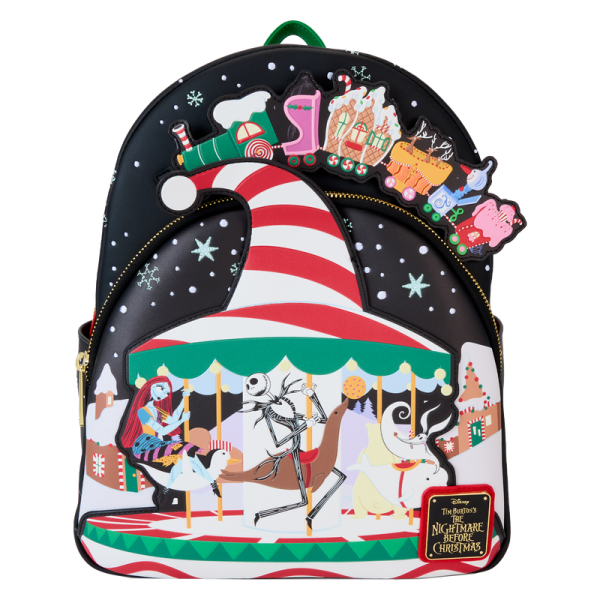 Up and down and ‘round we go! Jack and Sally take Christmas Town for a spin on this whimsical mini backpack. Slide the train back and forth to set things in motion, and turn down the lights to witness a glowing nighttime spectacular! This accessory makes a festive addition to any outfit and will inspire holiday spirit wherever you go. Features: Vegan leather (polyurethane) Adjustable shoulder straps Front zipper pocket Shiny gold hardware Applique, embossed, glow-in-the-dark, and printed details Coordinating inside lining Dimensions: 10.15”W x 12.5”H x 4”D This backpack is an officially licensed Disney product.