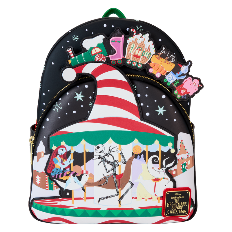 Up and down and ‘round we go! Jack and Sally take Christmas Town for a spin on this whimsical mini backpack. Slide the train back and forth to set things in motion, and turn down the lights to witness a glowing nighttime spectacular! This accessory makes a festive addition to any outfit and will inspire holiday spirit wherever you go. Features: Vegan leather (polyurethane) Adjustable shoulder straps Front zipper pocket Shiny gold hardware Applique, embossed, glow-in-the-dark, and printed details Coordinating inside lining Dimensions: 10.15”W x 12.5”H x 4”D This backpack is an officially licensed Disney product.