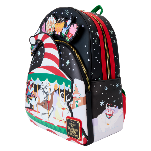 Up and down and ‘round we go! Jack and Sally take Christmas Town for a spin on this whimsical mini backpack. Slide the train back and forth to set things in motion, and turn down the lights to witness a glowing nighttime spectacular! This accessory makes a festive addition to any outfit and will inspire holiday spirit wherever you go. Features: Vegan leather (polyurethane) Adjustable shoulder straps Front zipper pocket Shiny gold hardware Applique, embossed, glow-in-the-dark, and printed details Coordinating inside lining Dimensions: 10.15”W x 12.5”H x 4”D This backpack is an officially licensed Disney product.