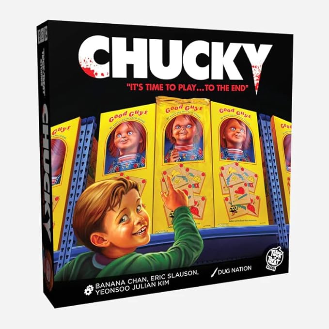 Childs Play Chucky Board Game: Chucky wants to be your friend. But being Chucky's friend sometimes comes with... challenges. Gather your friends and family to enjoy your next game night with the Childs Play Chucky Board Game! Each player gathers evidence about the mysterious murders that have been going on. This will give them skills and abilities to roll the dice and maybe handle an encounter with Chucky himself at the end of each round! After 3 rounds, the player who does the best at overcoming these challenges will be declared the winner! Befriend Chucky and order yours, today! Approximately 60 minutes of game play. Perfect for 2-4 players, ages 17 years and up.