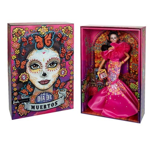 The Barbie Dia De Muertos series honors the customs, symbols and rituals often seen throughout the festive time of remembrance. Barbie doll is radiant in a pink ruffled dress decorated with sugar skulls and colorful flowers! Delicate butterflies crown her calavera face paint, and she holds her own tiny ofrenda. May the 2023 Dia De Muertos Barbie doll become a treasured holiday tradition. Includes doll stand and Certificate of Authenticity. Doll cannot stand alone. Colors and decorations may vary. For ages 6 and up. This doll is part of the Black Label Collection. This collection includes some of Barbie Signature's most sensational dolls designed for the adult collector, such as the Inspiring Women series and Day of the Dead! Black Label dolls do not have a set edition size.