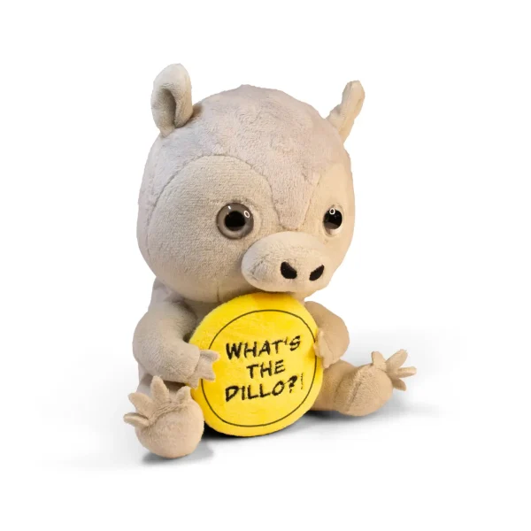 This plushie needs to know: What’s the dillo? He’s peeved, and your behavior is really starting to push him over the edge. If he could talk, he'd say, “Let’s go outside. Arma-deal with this right now.” He's tough, yet his soft body, cute cutout toes, and 3D eyes make him endearing. His bright yellow sign is a fun way to display his punny message. He’d be a great gift for any friend or family member.