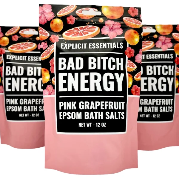 Bad Bitch Energy Pink Grapefruit Bath Salts. Looking for a thoughtful gift that will help them decompress after a long day and bring a laugh? Our Bad Bitch Energy Grapefruit Bath Salts can deliver both. Ships Fast and Free. 12oz bag. • Cruelty Free • Women Owned and Operated • Premium Ingredients Pink Grapefruit - This uplifting, vibrant is full of energetic pink grapefruit nuances wrapped in notes of peach, apple and green vines. • Cruelty Free • Women Owned and Operated • Ships Fast and Free • Premium Ingredients Pink Grapefruit - This uplifting, vibrant is full of energetic pink grapefruit nuances wrapped in notes of peach, apple and green vines.