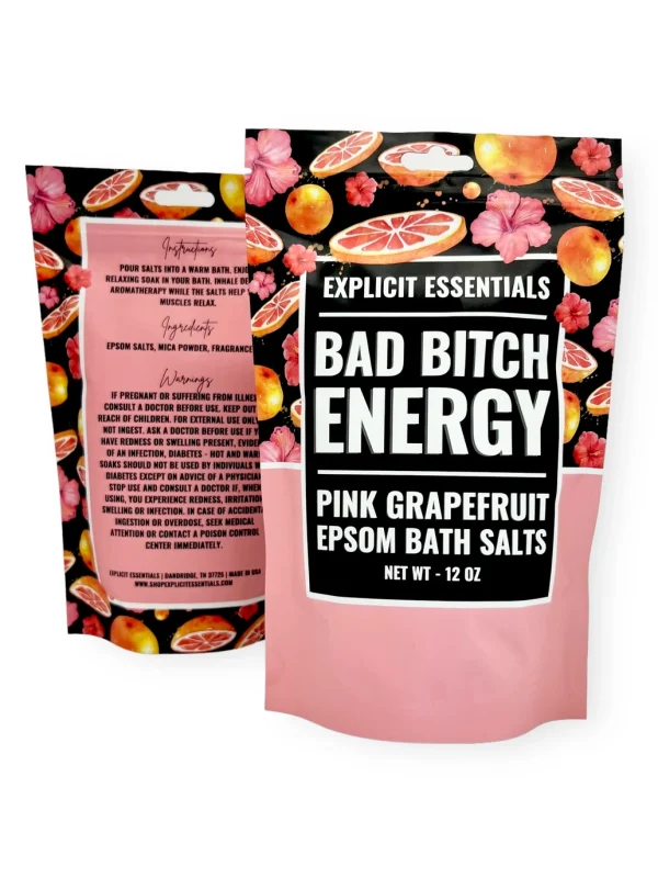 Bad Bitch Energy Pink Grapefruit Bath Salts. Looking for a thoughtful gift that will help them decompress after a long day and bring a laugh? Our Bad Bitch Energy Grapefruit Bath Salts can deliver both. Ships Fast and Free. 12oz bag. • Cruelty Free • Women Owned and Operated • Premium Ingredients Pink Grapefruit - This uplifting, vibrant is full of energetic pink grapefruit nuances wrapped in notes of peach, apple and green vines.