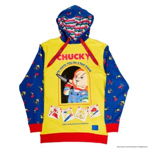 The Good Guy is ready to play up your look. Our Chucky Hooded Jersey, which resembles a Good Guys Chucky doll box, is full of frighteningly fun details. On the bright yellow middle portion, letters in red spell out “Chucky,” and the text below reads, “He wants YOU for a best friend.” It also appears that he’s ready to come out of the box, as he “slashes” a “knife” with a metallic applique blade through the clear “plastic window,” which is really a clear gel print. You’ll also see that the Chucky “box” includes pictures of the Good Guys accessories and a message to collect them all. The sleeves, similar in color to Chucky’s denim overalls, feature a motif of Good Guys accessories, such as cowboy hats, baseballs, and more. Head off to a memorable play date or other adventures in style. Features: French terry fabric: 60% cotton, 40% polyester; ribbing & cuffs: 95% cotton & 5% Spandex Side pockets Soft hand screen print, applique, and clear gel details Extra-large lanyard-style drawcord for displaying pins Lined jersey hood Comes in unisex sizes S through 3X. Sizing is very specific. This jersey is an officially licensed Universal City Studios product.