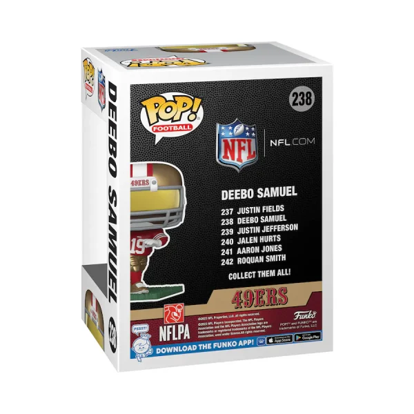 NFL 49ers Deebo Samuel Funko Pop! Vinyl Figure #238: Draft Deebo Samuel, wide receiver for the San Fransisco 49ers, in his red and gold uniform for your NFL Funko Pop! collection. Which team will he and the 49ers play next? This NFL 49ers Deebo Samuel Funko Pop! Vinyl Figure #238 measures approximately 4-inches tall and comes packaged in a window display box.