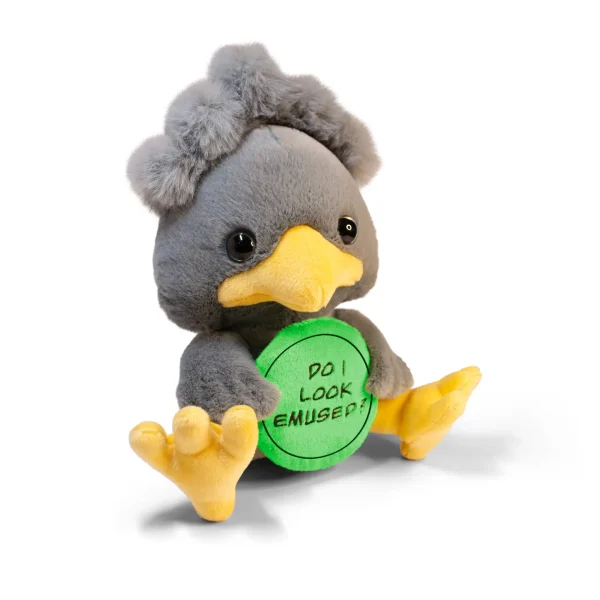 This plushie is over your antics. He’s not emused, and he needs you to know it. His blank expression and head feathers make him charming and irresistible. His bright green sign is a fun way to display his punny yet obvious message. He’d be a great gift for any friend or co-worker.