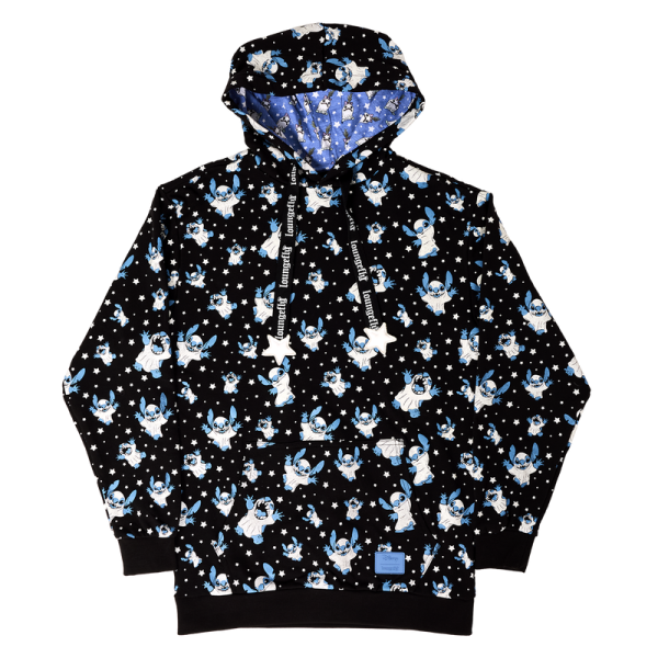 Ready to cause some mischief? Stitch has dressed the part for a surprise on this scary-fun hoodie. Look closely to see Stitch make some frightening faces as he floats under a starry sky, and turn down the lights to see the design glow in the dark! This hoodie makes a cozy addition to any outfit and is perfect for Disney fans looking to keep one of their favorite characters close. Features: French Terry cotton (60% cotton/40% polyester) Extra-large, lanyard-style drawcords Themed all-over print in jersey-lined hood Applique, glow-in-the-dark, and roller-printed details Sizes: Small through 3X This hoodie is an officially licensed Disney product.