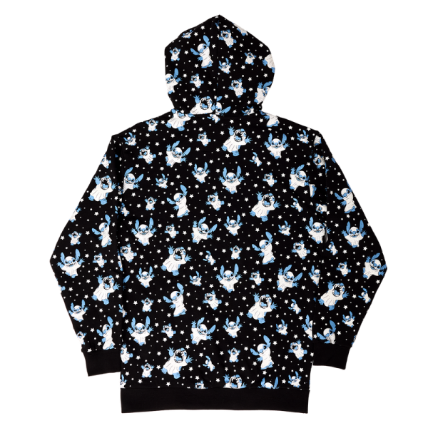 Ready to cause some mischief? Stitch has dressed the part for a surprise on this scary-fun hoodie. Look closely to see Stitch make some frightening faces as he floats under a starry sky, and turn down the lights to see the design glow in the dark! This hoodie makes a cozy addition to any outfit and is perfect for Disney fans looking to keep one of their favorite characters close. Features: French Terry cotton (60% cotton/40% polyester) Extra-large, lanyard-style drawcords Themed all-over print in jersey-lined hood Applique, glow-in-the-dark, and roller-printed details Sizes: Small through 3X This hoodie is an officially licensed Disney product.