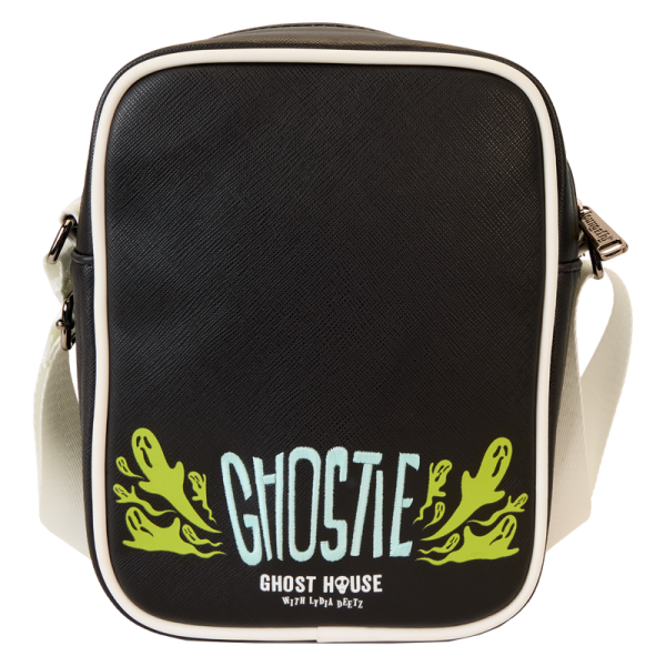 Co-ghost a show in style! Take along our Beetlejuice Beetlejuice crossbody bag featuring Lydia Deetz’s haunting television program. Frightful fun is in the details, which include appliques of eerie-looking ghosts on the front pocket and hovering above. The logo for Lydia’s show, which includes a spooky house and the words “Ghost House with Lydia Deetz,” appear below. Flip the bag around, and more ghosts materialize around the word “Ghostie.” In the dark, all lettering and images glow! Pack your daily essentials and prepare for spine-tingling adventures. Features: Vegan leather (polyurethane) Adjustable strap Zippered main compartment for securing items Zippered front pocket Gunmetal-colored hardware Applique, embossed, glow-in-the-dark, and printed details Coordinating inside lining Dimensions: 6.5”W x 8.5”H x 3”D This bag is an officially licensed Warner Bros. product.