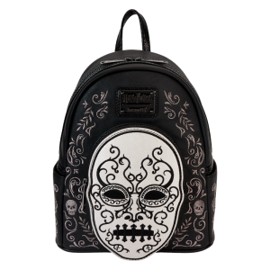 Heading to Malfoy Manor for an important meeting? Do so in style with our Harry Potter™ Death Eater Mini Backpack. This wickedly fashionable accessory features an oval-shaped front pocket with a Death Eater’s face that comes to life in applique, silver metallic vegan leather, and embroidered detail. Elegant flourishes appear on the main part of the backpack, just behind the front pocket, and they continue on the side panels. On one side panel, you will find the image of a serpent, and on the other, a skull. Turn the backpack around, and the incantation for conjuring up the Dark Mark appears: “Morsmordre.” Pack your potions, wand—or daily essentials—and take off on magical adventures in character. Features: Vegan leather (polyurethane) Padded, adjustable shoulder straps with faux snakeskin textured details Side pockets Zippered main compartment for securing items Zippered front compartment for storing smaller items Black metal hardware Applique, metallic vegan leather, embroidered, and printed details Coordinating inside lining Dimensions: 9”W x 10.5”H x 4.5”D This backpack is an officially licensed Warner Bros. product.