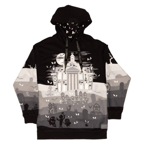 Welcome, foolish and fashionable mortals! This hoodie has all the thrills worthy of a theme park attraction. Inspired by the Haunted Mansion’s infamous landscape, this design pays homage to the home of happy haunts with loads of hidden details. Look closely, and you’ll find hitchhiking ghosts, singing busts, and other beloved characters hidden in the fog! With glow-in-the-dark features to highlight this chilling design, this hoodie is the perfect pairing for any Disney parks fan. Features: French Terry cotton (60% cotton, 40% polyester) Extra-large, lanyard-style drawcords Themed all-over print in jersey-lined hood Screen-printed and glow-in-the-dark details Sizes: Small through 3X This hoodie is an officially licensed Disney product.