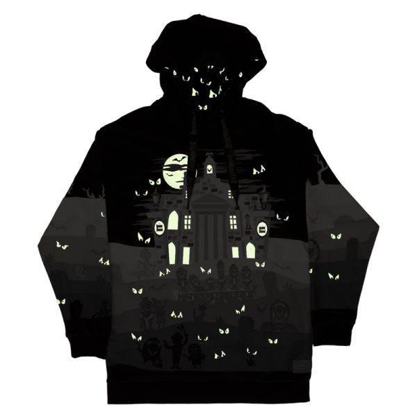 Welcome, foolish and fashionable mortals! This hoodie has all the thrills worthy of a theme park attraction. Inspired by the Haunted Mansion’s infamous landscape, this design pays homage to the home of happy haunts with loads of hidden details. Look closely, and you’ll find hitchhiking ghosts, singing busts, and other beloved characters hidden in the fog! With glow-in-the-dark features to highlight this chilling design, this hoodie is the perfect pairing for any Disney parks fan. Features: French Terry cotton (60% cotton, 40% polyester) Extra-large, lanyard-style drawcords Themed all-over print in jersey-lined hood Screen-printed and glow-in-the-dark details Sizes: Small through 3X This hoodie is an officially licensed Disney product.