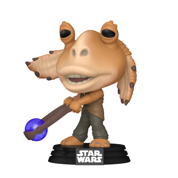 The galaxy is on the brink of turmoil and now your forces need backup! Pop! Jar Jar Binks is here to help, armed with Booma Balls! Celebrate the 25th Anniversary of Star Wars: The Phantom Menace™ by welcoming this Gungan to your forces. Be sure to keep an eye on him—he means well, but his clumsiness occasionally leads to chaotic shenanigans. Vinyl bobblehead is approximately 4.45-inches tall.