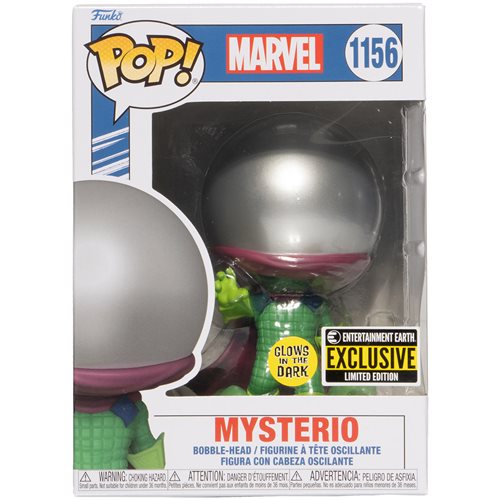 Marvel Mysterio 616 Glow-in-the-Dark Funko Pop! Vinyl Figure #1156 - Entertainment Earth Exclusive: Behold the power of Mysterio! This exclusive Pop! Vinyl figure is beyond amazing! The Marvel supervillain stands high and mighty on his glow-in-the-dark base! Limited edition Funko Pop! based on the 1964 The Amazing Spider-Man #13 comic. Entertainment Earth Exclusive! Quentin Beck, aka Mysterio, has escaped the comic book pages to join your Funko collection. Powered up with both metallic and glow-in-the-dark features on his classic Earth-616 suit, the supervillain looks ready to battle Spider-Man! Based on the 1964 The Amazing Spider-Man #13 comic, this Marvel Mysterio 616 Glow-in-the-Dark Pop! Vinyl Figure #1156 - Entertainment Earth Exclusive measures approximately 3 3/4-inches tall and comes packaged in a window display box. Add the Sinister Six member to your Marvel collection while supplies last! Ages 3 and up.