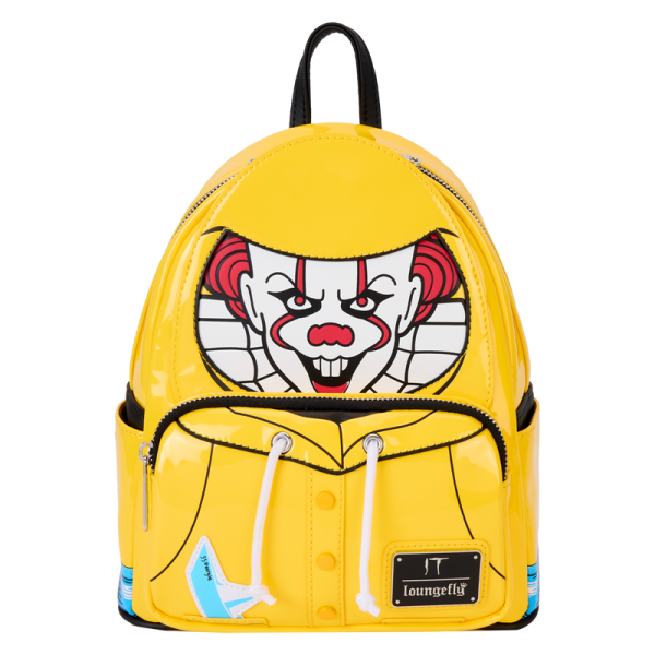 Explore creepy tunnels in style—and in wickedly fun company. Bring along this mini backpack featuring Pennywise from IT. A faux patent leather material in yellow adds a rain-slicker shine to this accessory. The front pocket has real buttons and cords for a cosplay effect. Above the front pocket, Pennywise’s face appears—and it glows in the dark. You might also be able to spot an applique of Georgie’s paper boat. Flip the backpack around, and you’ll find the words “You’ll Float Too.” Sail through your day with a monstrously stylish accessory. Features: Vegan patent leather (polyurethane) Padded, adjustable shoulder straps Side panels with printed artwork Zippered main compartment Zippered front compartment Silver-colored metal hardware Applique, printed, real button, real cord, glow-in-the-dark, and printed details Coordinating inside lining Dimensions: 9”W x 10.5”H x 4.5”D This backpack is an officially licensed Warner Bros. product.