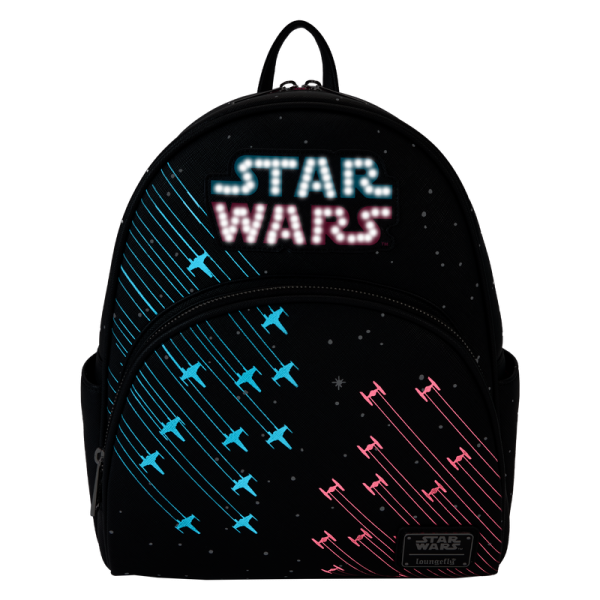 Best dressed member of the galaxy? It’s you, of course! This mini backpack channels the neon colorways of the 1970s for a look that’s out of this world. Turn down the lights to activate the bag’s glow-in-the-dark and flashing light features! This accessory makes a stellar addition to any outfit and is perfect for fans looking for a fresh take on their favorite space opera. Features: Vegan leather (polyurethane) Adjustable shoulder straps Front zipper pocket Side drop pockets Shiny silver hardware Applique, glow-in-the-dark, LED light, and printed details Coordinating inside lining Dimensions: 11.35”W x 13.75”H x 4”D This backpack is an officially licensed STAR WARS™ product.