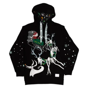 The Nightmare Before Christmas Christmas Town Hooded Sweatshirt: Fans of Tim Burton's The Nightmare Before Christmas are sure to love this themed Christmas Town Hooded Sweatshirt! The French terry unisex hoodie features a jersey lined hood, plus screen printed and glow-in-the-dark design details of Santa Jack on his sleigh. Sizes run from Adult Small to Adult XXX-Large. For ages 15 and up.