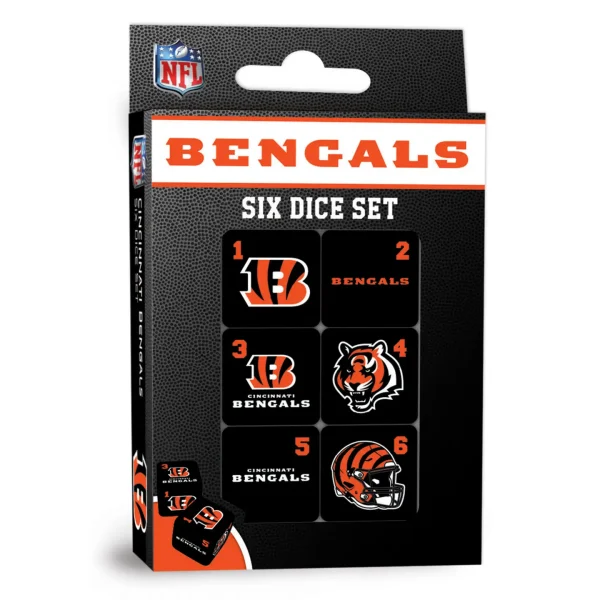 Ready to roll with your favorite NFL team? Then do it with style and officially licensed dice! This 6-piece D6 gaming dice set from MasterPieces is perfect for Craps, Grand Hazard, Klondike, and any other dice game you can think of. Each die has the Cincinnati Bengals logo and colors prominently displayed, so you can show your team spirit while you roll. The dice are also standard size (19mm) so they're easy to grip and use. Suitable for ages 6 and up, this is a great gift for any Raiders fan - or for anyone who loves to roll the dice!