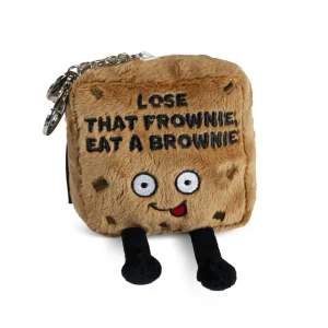 Don't be sad; this little guy thinks you're the fudging best! He knows things will get better soon, and if they don't, at least you always have brownies! His silly expression, dangly legs, and 3D chocolate chips earn him some brownie points on the cuteness scale. Head bake the perfect addition to any backpack or bag. He's the perfect gift for any brownie lover with a sweet sense of humor. This plush is ideal for children, collectors, or anyone who loves cozy and fun decor.