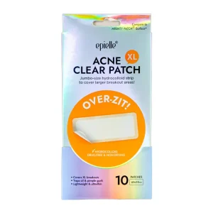 Epielle 0646-144 Acne Clear XL Patch. Patch draws in fluids and oils to help reduce inflammation of developing or already existing blemishes. Infused with hydrocolloid for faster healing and reduces the risk of scarring. Protects large breakout areas from dirt, germs and other contaminants. Translucent ultra thin patch. Drug free and non -drying. Can be used night and day, and with or without makeup. One size patch 60x25mm. 10 patches in a pack. Made in Korea.