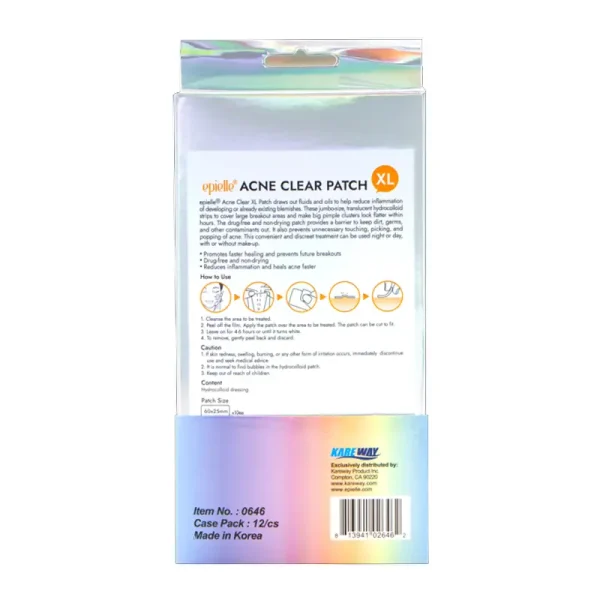 Epielle 0646-144 Acne Clear XL Patch. Patch draws in fluids and oils to help reduce inflammation of developing or already existing blemishes. Infused with hydrocolloid for faster healing and reduces the risk of scarring. Protects large breakout areas from dirt, germs and other contaminants. Translucent ultra thin patch. Drug free and non -drying. Can be used night and day, and with or without makeup. One size patch 60x25mm. 10 patches in a pack. Made in Korea.