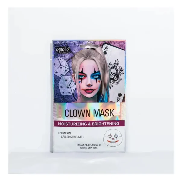 Epielle 0527 Halloween Clown Facial Mask. A moisturizing and brightening face mask that is infused with antioxidant-rich pumpkin extract, and powerful fatty acids in chai spices to brighten and moisturize skin. Made in Korea.