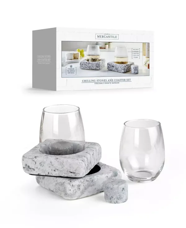 Elevate your wine tasting with Studio Mercantile wine chiller coaster set. Featuring 2 stemless 8 fluid oz glasses, 2 granite coasters, and 2 chilling stones, enjoy your wine without dilution. Refreeze for wine enjoyment.