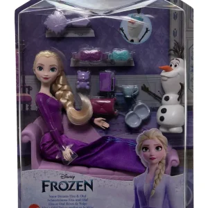 Inspired by Disney's Frozen movies, Snow Dreams Elsa and Olaf are ready for a night of sweet dreams Set includes a posable Elsa doll in a nightgown with removable skirt and slippers, plus her adorable snowman friend Olaf. With a lounge for two and 7 cozy play pieces, kids will love making up bedtime stories for Elsa and Olaf. Doll cannot stand alone.