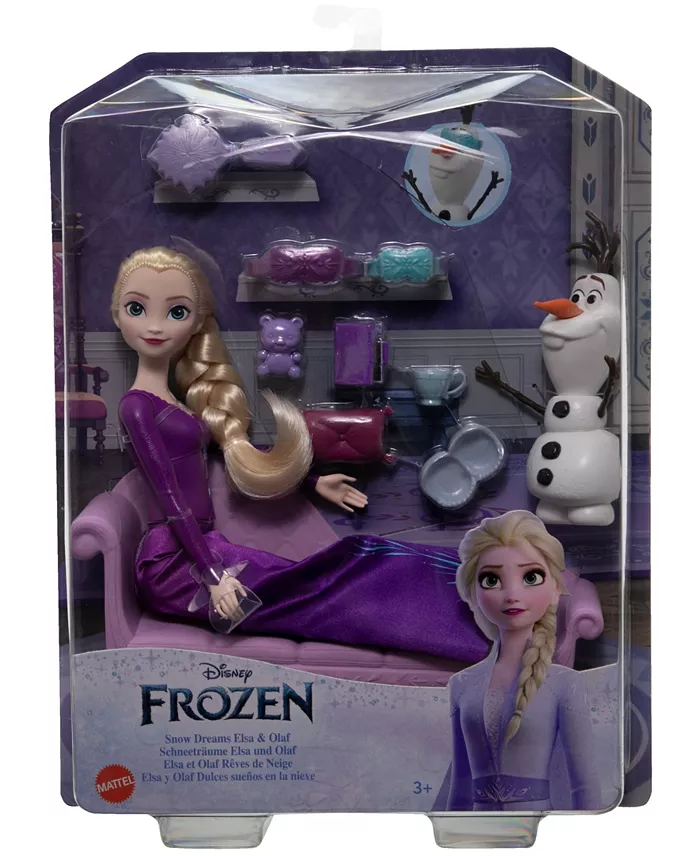 Inspired by Disney's Frozen movies, Snow Dreams Elsa and Olaf are ready for a night of sweet dreams Set includes a posable Elsa doll in a nightgown with removable skirt and slippers, plus her adorable snowman friend Olaf. With a lounge for two and 7 cozy play pieces, kids will love making up bedtime stories for Elsa and Olaf. Doll cannot stand alone.