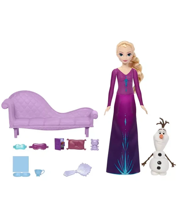 Inspired by Disney's Frozen movies, Snow Dreams Elsa and Olaf are ready for a night of sweet dreams Set includes a posable Elsa doll in a nightgown with removable skirt and slippers, plus her adorable snowman friend Olaf. With a lounge for two and 7 cozy play pieces, kids will love making up bedtime stories for Elsa and Olaf. Doll cannot stand alone.