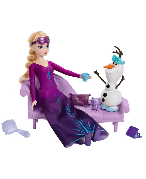 Inspired by Disney's Frozen movies, Snow Dreams Elsa and Olaf are ready for a night of sweet dreams Set includes a posable Elsa doll in a nightgown with removable skirt and slippers, plus her adorable snowman friend Olaf. With a lounge for two and 7 cozy play pieces, kids will love making up bedtime stories for Elsa and Olaf. Doll cannot stand alone.