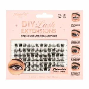 Amorus DIY-9-ML DIY Lash Extensions. Designed to customize style for any occasion. Each cluster features high quality faux mink and extra comfortable band. Easy to apply. Long-lasting up to 10 uses. Lash length for ML is 10 mm to 16 mm