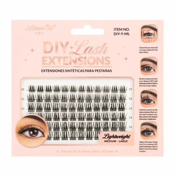 Amorus DIY-9-ML DIY Lash Extensions. Designed to customize style for any occasion. Each cluster features high quality faux mink and extra comfortable band. Easy to apply. Long-lasting up to 10 uses. Lash length for ML is 10 mm to 16 mm