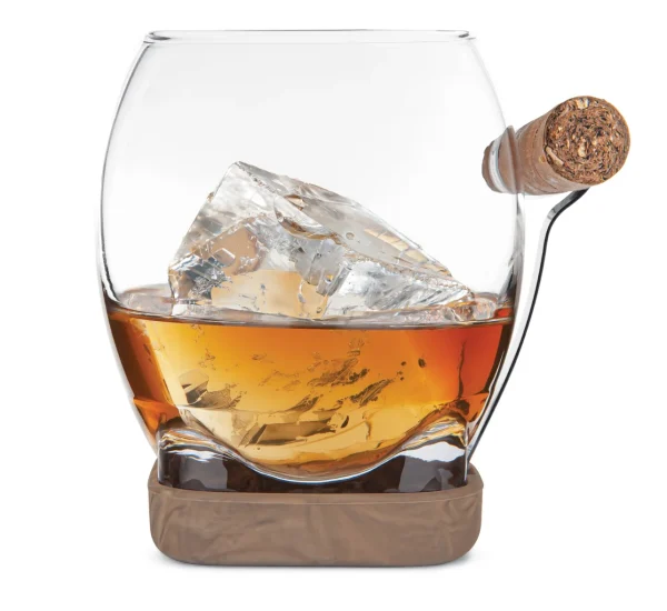 Our whiskey glass with cigar grip makes the experience even better by letting you hold your drink and cigar with one hand at the same time. Simply fill with your favourite beverage, then slide a cigar into the fully adjustable cigar grip. The cigar when inserted is held above the whiskey liquid level, which helps to prevent condensation from absorbing into the cigar. Additionally, the silicone base doubles as a non-slip coaster and the cigar grip can be removed for enjoyment without a cigar! Built-In Cigar Grip - Stainless steel grip holds the cigar securely in place by using tension and is fully adaptable to accommodate most sizes of cigars. Whiskey Glass - Uniquely shaped round bowl to help enhance aromas with a thick square glass base that provides a balanced & comfortable hand-feel while drinking. Silicone base with wood design protects surfaces from scratches & dents. Top lip of the stainless steel cigar grip is rounded off to help prevent tearing of the cigar while inserting and removing. Elevated Grip Position - Designed to hold the cigar above the whiskey liquid level, which helps to prevent condensation from absorbing into the cigar. Ideal for cigars 42-60 ring gauge size: 42 gauge: 0.66" (16.54 mm) dia.| 60 gauge: 0.94" (23.62 mm) dia. Use with and without the cigar grip.