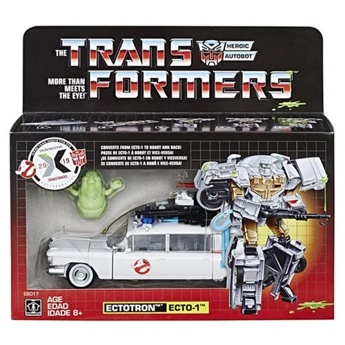 What do you get when you cross the iconic Ecto-1 Cadillac from the 1984 Ghostbusters movie with a Transformers robot? A converting Paranormal Investigator, called Ectotron! Commemorate 35 years of both Transformers and Ghostbusters with 1 awesome 7-inch transforming robot figure. Includes: Ectotron figure, Slimer figure, 2 accessories, and instructions.