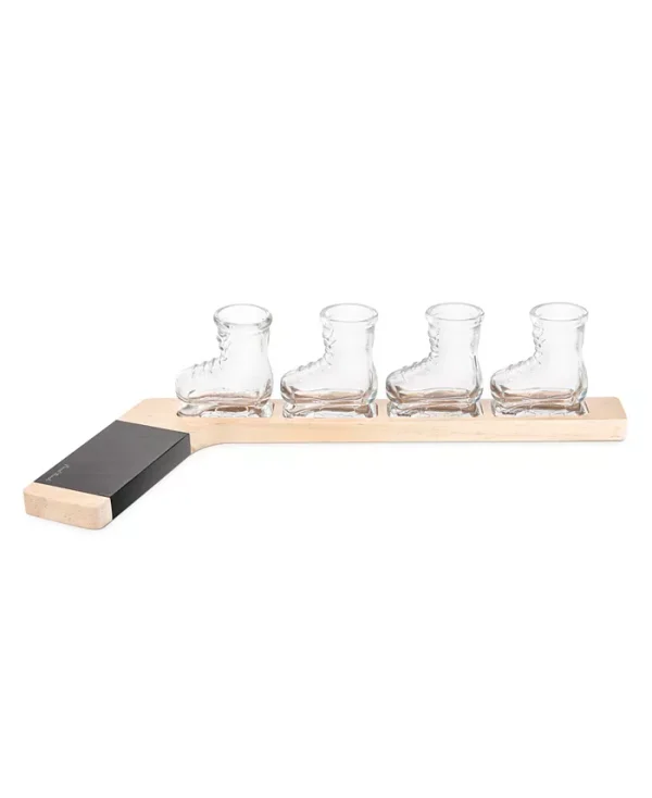 Enjoy game night with this hockey shot flight set from Final Touch. The 4 included skate shot glasses fit right into the solid wood hockey stick serving board for easy serving. Write directly onto the stick tape with chalk.