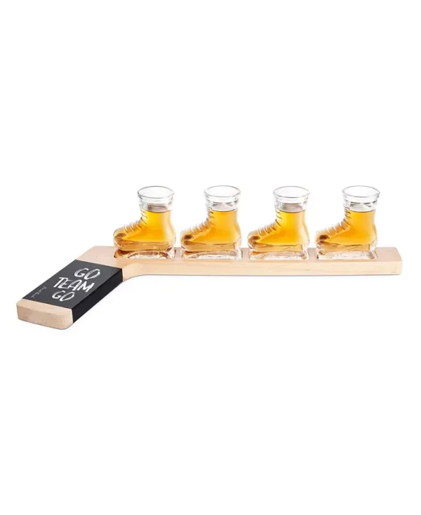 Enjoy game night with this hockey shot flight set from Final Touch. The 4 included skate shot glasses fit right into the solid wood hockey stick serving board for easy serving. Write directly onto the stick tape with chalk.