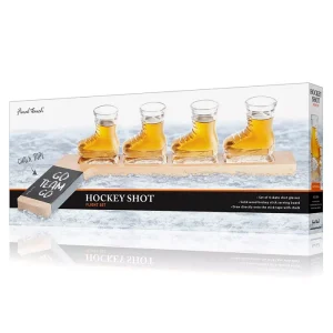 Enjoy game night with this hockey shot flight set from Final Touch. The 4 included skate shot glasses fit right into the solid wood hockey stick serving board for easy serving. Write directly onto the stick tape with chalk.