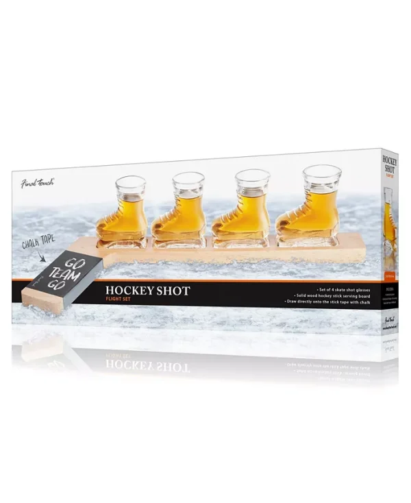 Enjoy game night with this hockey shot flight set from Final Touch. The 4 included skate shot glasses fit right into the solid wood hockey stick serving board for easy serving. Write directly onto the stick tape with chalk.