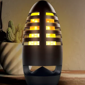 Explore the great outdoors Leave the tent behind, this speaker is IPX4 water-resistant and can withstand the elements for long-lasting use in your garden and favorite outdoor spaces. Create a cozy ambience with glowing warm LED lights that flicker in a deep orange color to simulate fire.