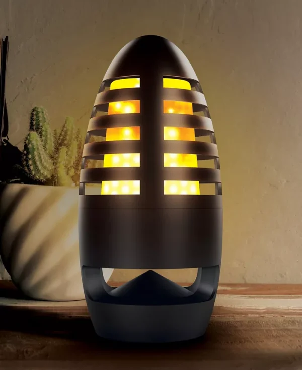 Explore the great outdoors Leave the tent behind, this speaker is IPX4 water-resistant and can withstand the elements for long-lasting use in your garden and favorite outdoor spaces. Create a cozy ambience with glowing warm LED lights that flicker in a deep orange color to simulate fire.