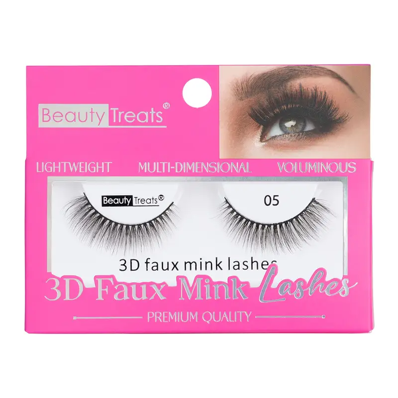 Beauty Treats 750-05 3D Faux Mink Lashes. Vegan faux mink lashes that help boost natural length and volume. Lightweight and multi-dimensional for every occasion. Flare and fluttery crisscross lash pattern. Reusable with proper care.