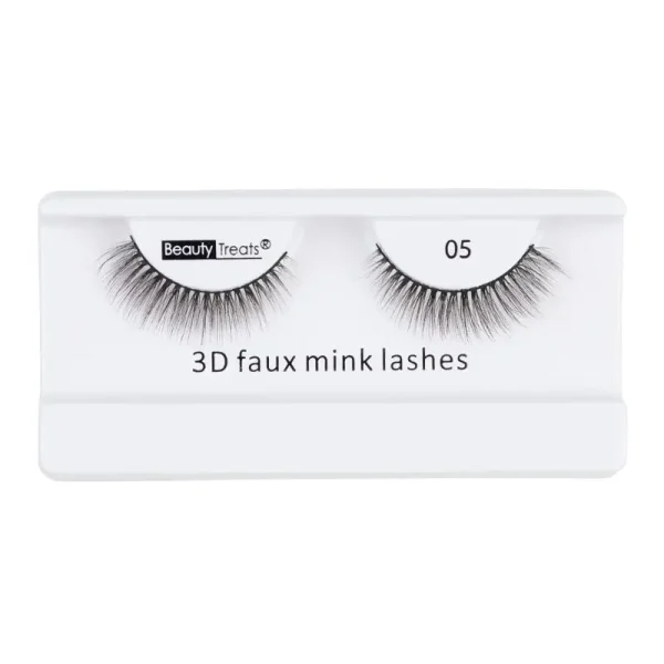 Beauty Treats 750-05 3D Faux Mink Lashes. Vegan faux mink lashes that help boost natural length and volume. Lightweight and multi-dimensional for every occasion. Flare and fluttery crisscross lash pattern. Reusable with proper care.