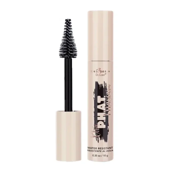 Italia Deluxe 296 Xtra P.H.A.T Mascara. Features a voluminous and lengthening mascara with an intense black hue. Fat brush applicator designed to give maximum volume and length for fierce and flirty lashes. Water resistant formula.